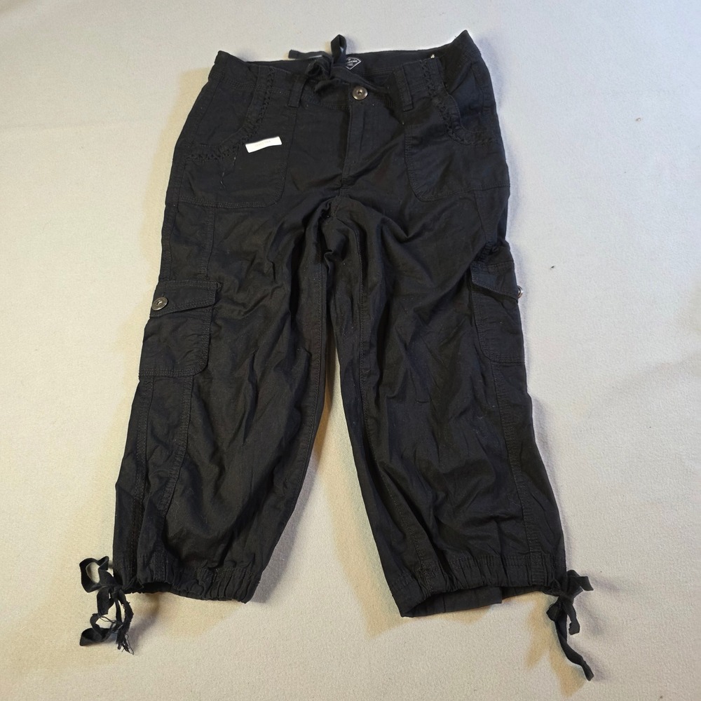 St Johns Bay Womens Black Cargo Capris Cropped Utility Pants Size 4 Distressed